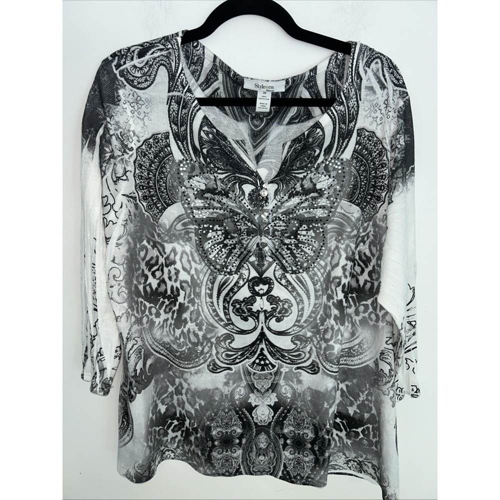Style &‎ Co Women's 3X V-Neck 3/4 Sleeves Boho Butterfly Buttons Crystals Comfy